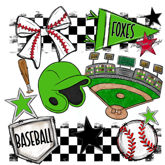 Foxes Checkers Baseball Spirit Design-Bright Green