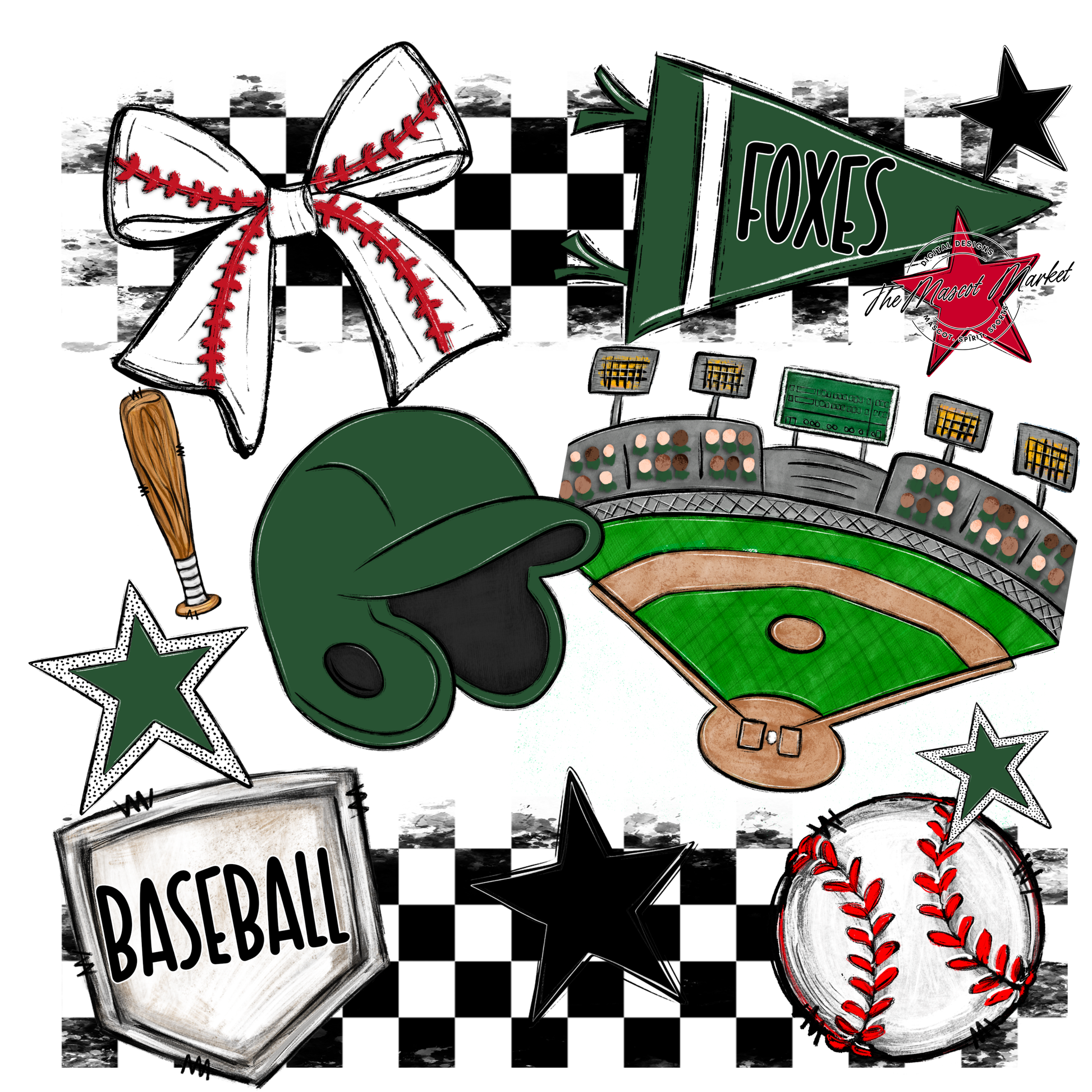 Foxes Checkers Baseball Spirit Design-Green