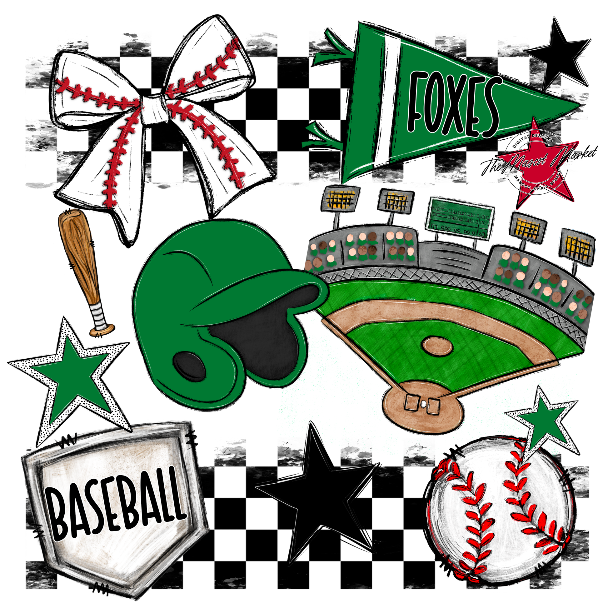 Foxes Checkers Baseball Spirit Design-Kelly Green