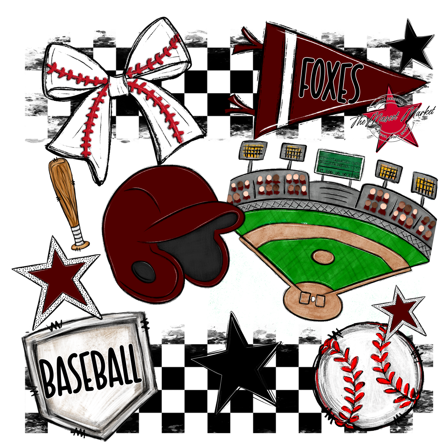 Foxes Checkers Baseball Spirit Design-Maroon