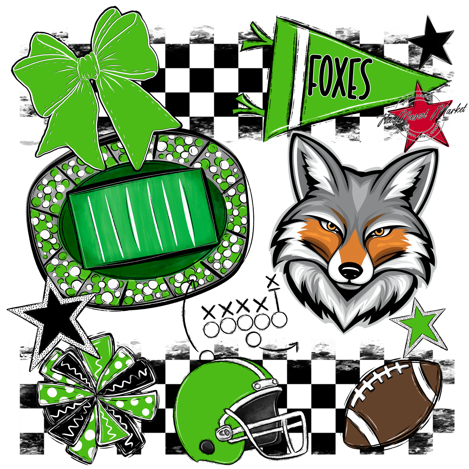 Foxes Checkers Mascot Spirit Design-Bright Green