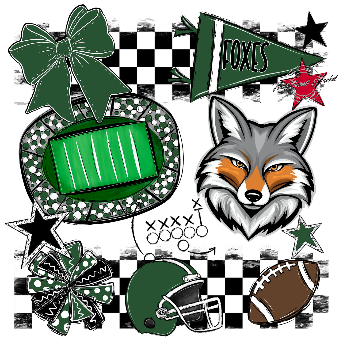 Foxes Checkers Mascot Spirit Design-Green