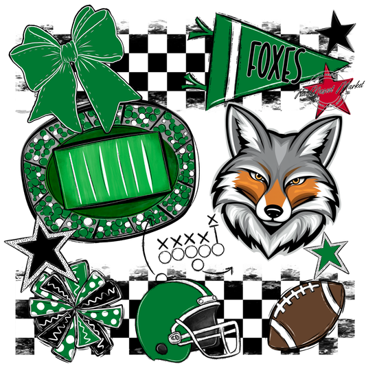 Foxes Checkers Mascot Spirit Design-Kelly Green