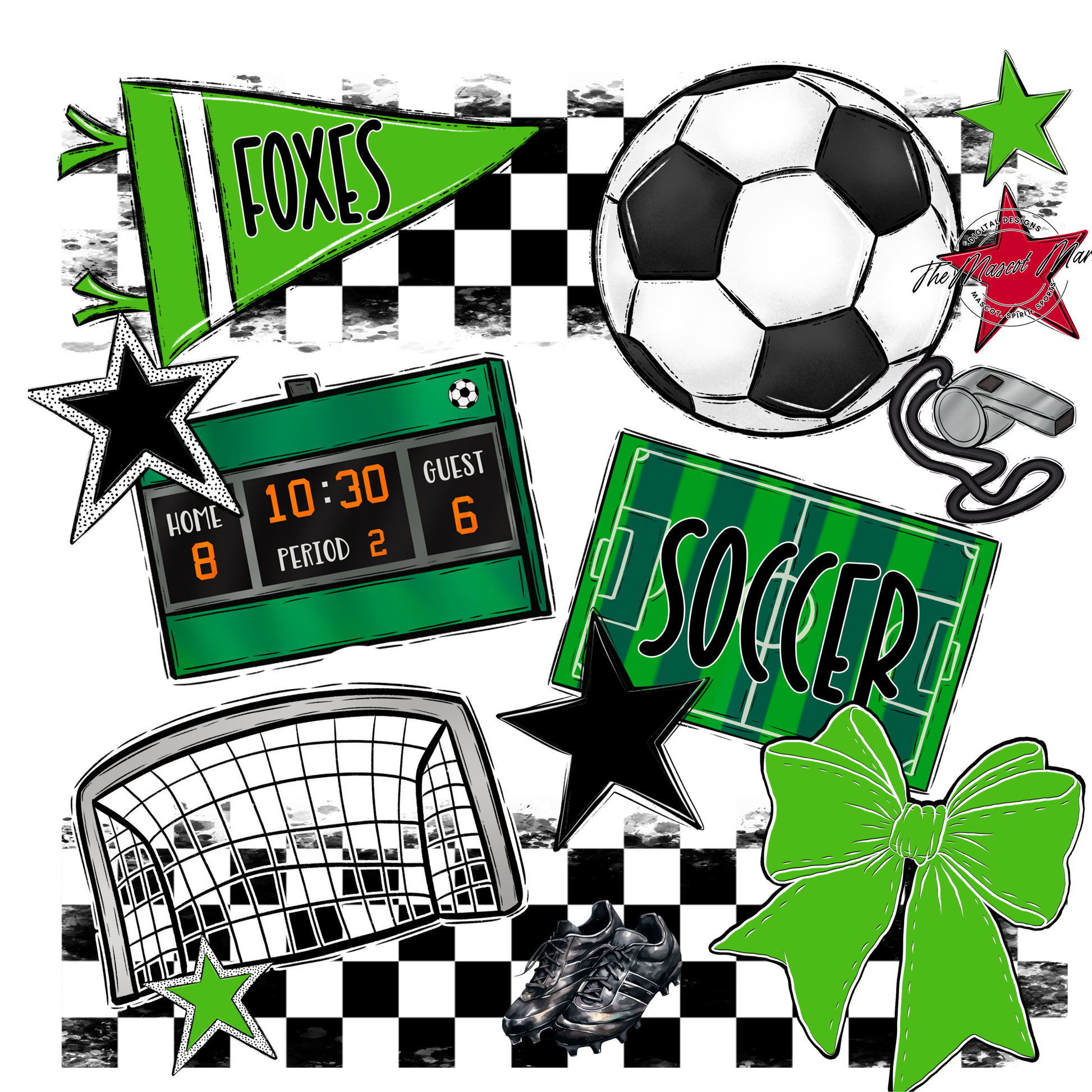 Foxes Checkers Soccer Spirit Design-Bright Green