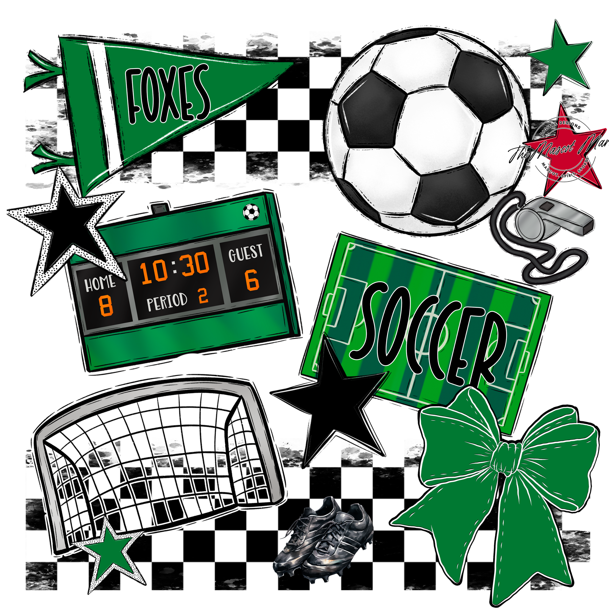 Foxes Checkers Soccer Spirit Design-Kelly Green