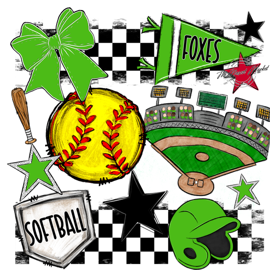 Foxes Checkers Softball Spirit Design-Bright Green