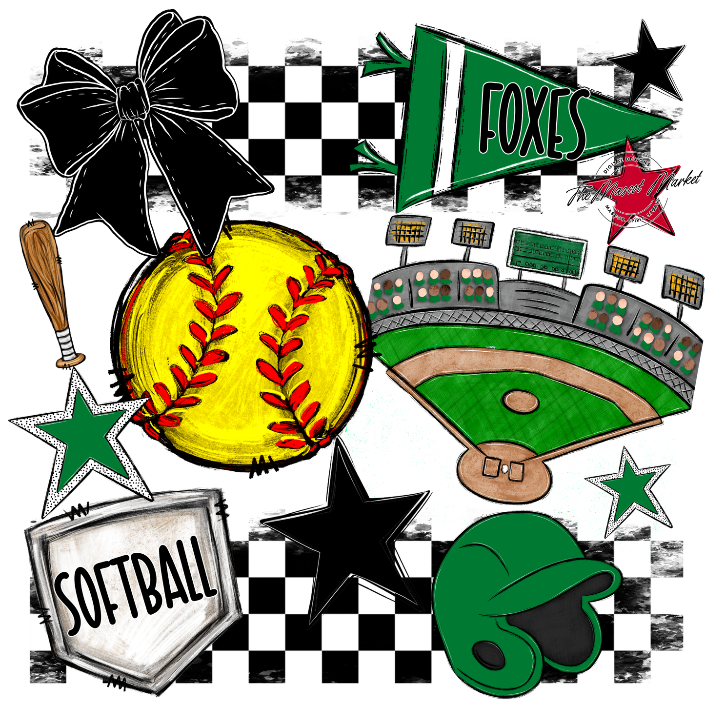 Foxes Checkers Softball Spirit Design-Kelly Green