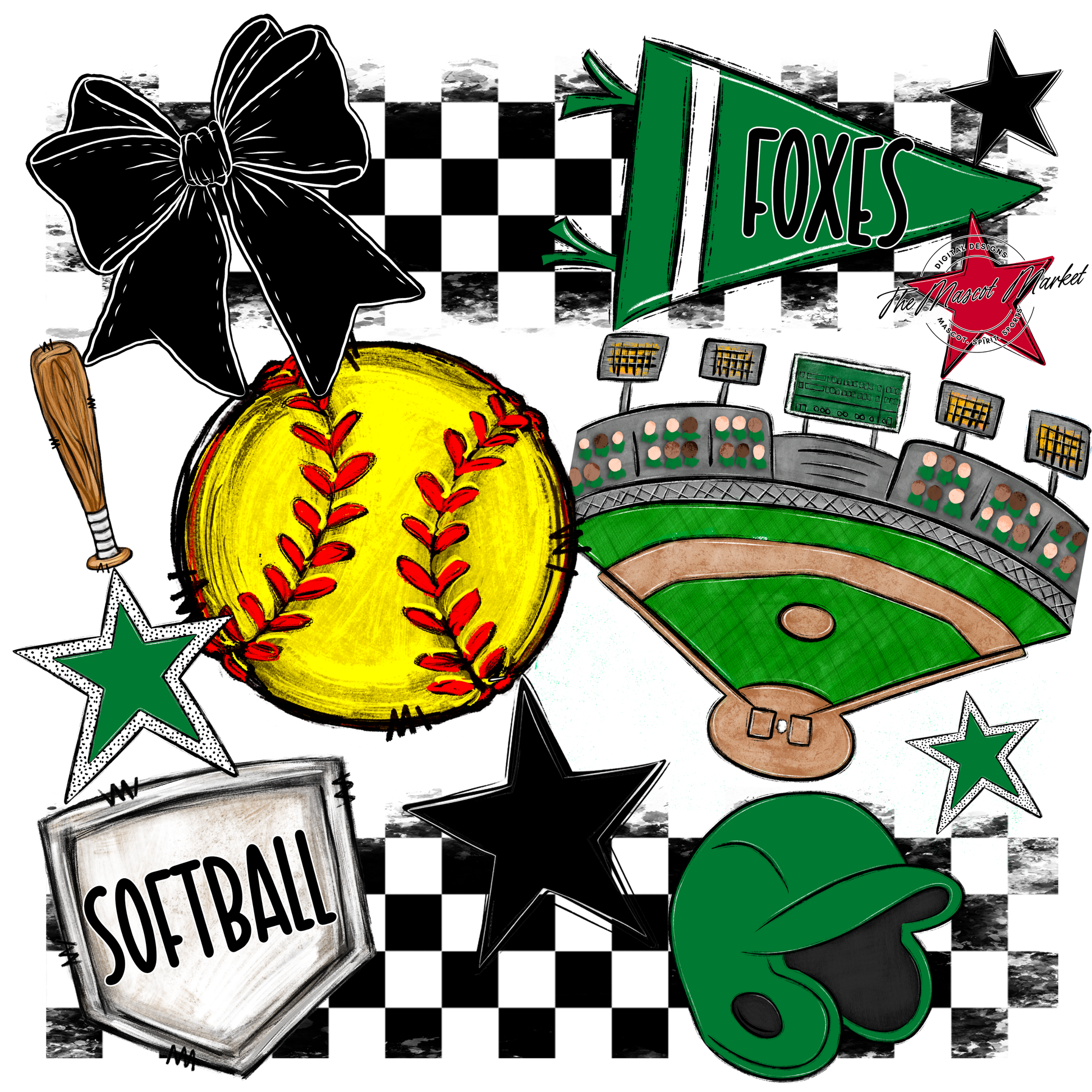 Foxes Checkers Softball Spirit Design-Kelly Green