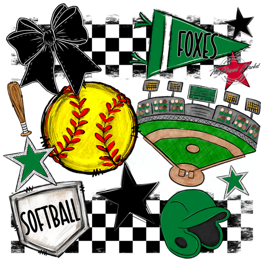 Foxes Checkers Softball Spirit Design-Kelly Green