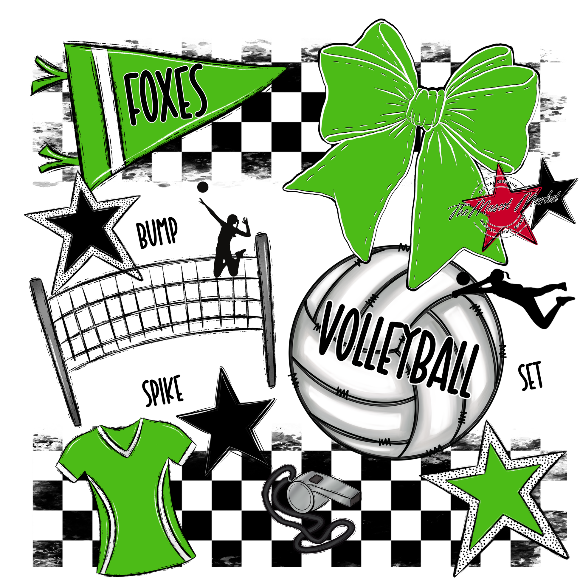 Foxes Checkers Volleyball Spirit Design-Bright Green