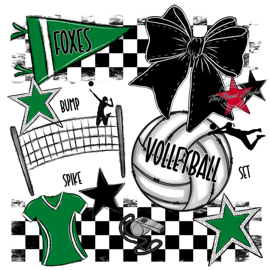 Foxes Checkers Volleyball Spirit Design-Kelly Green
