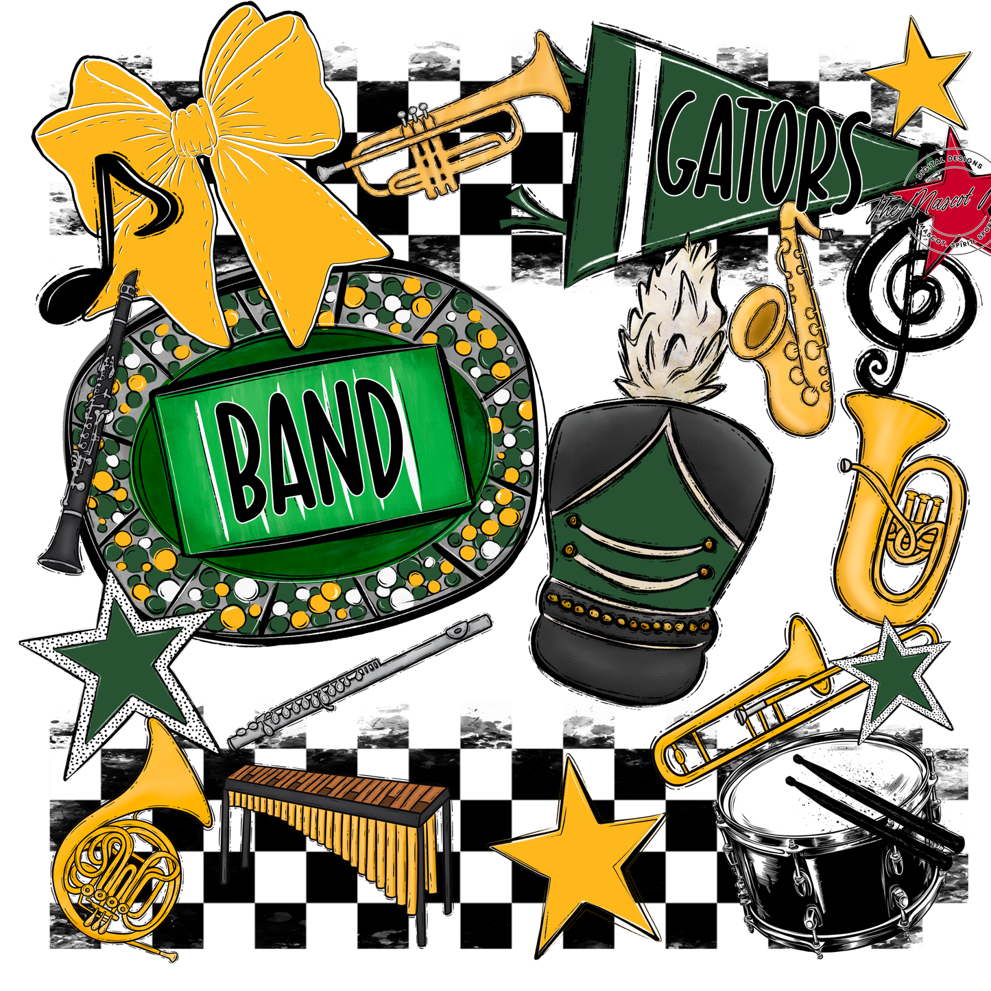 Gators Checkers Band Spirit Design-Green-Yellow