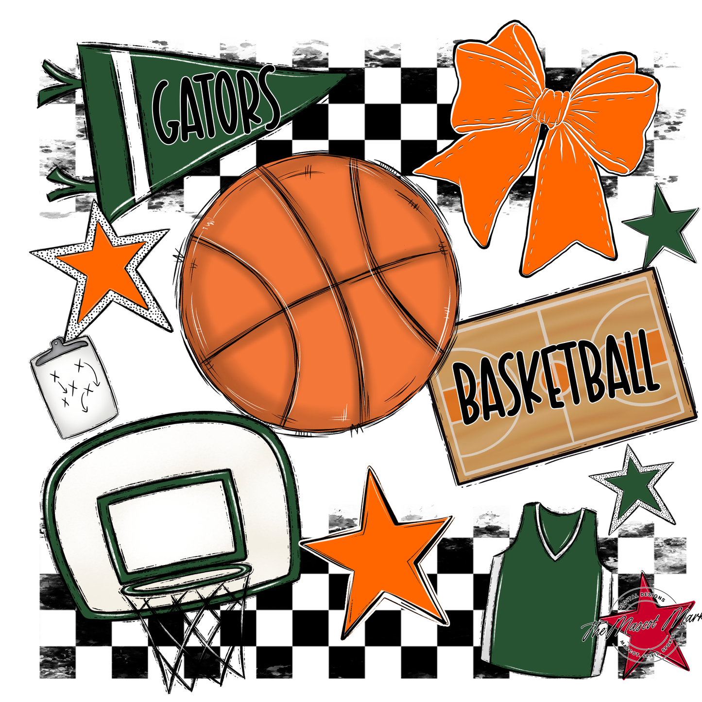 Gators Checkers Basketball Spirit Design-Green-Orange
