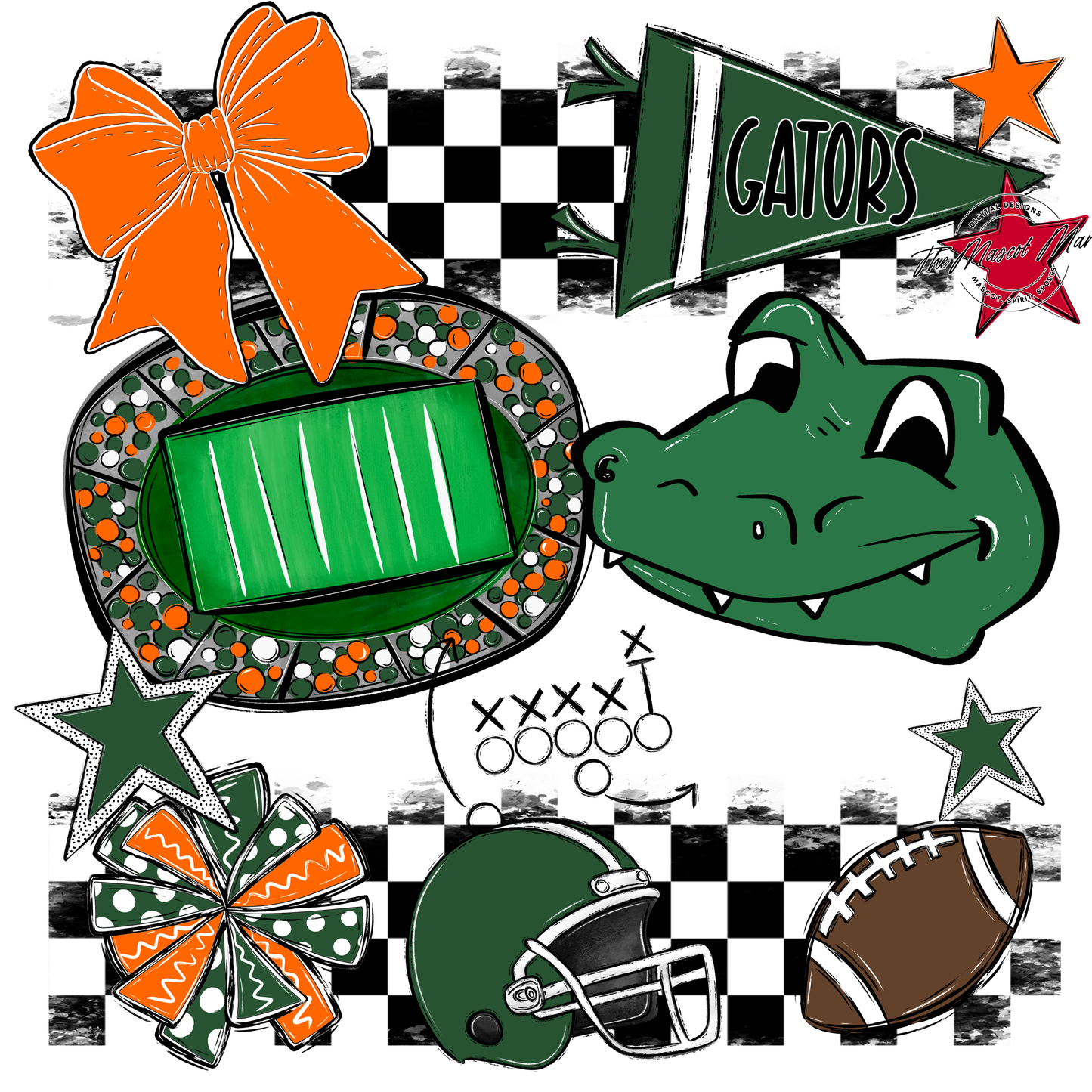 Gators Checkers Mascot Spirit Design-Green-Orange