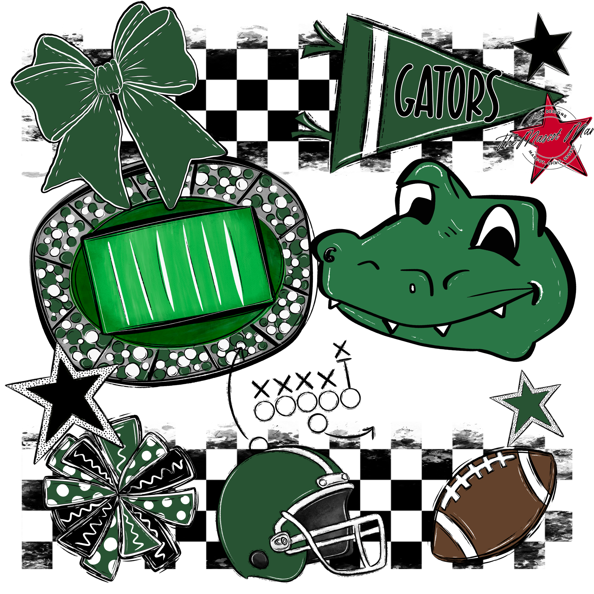 Gators Checkers Mascot Spirit Design-Green