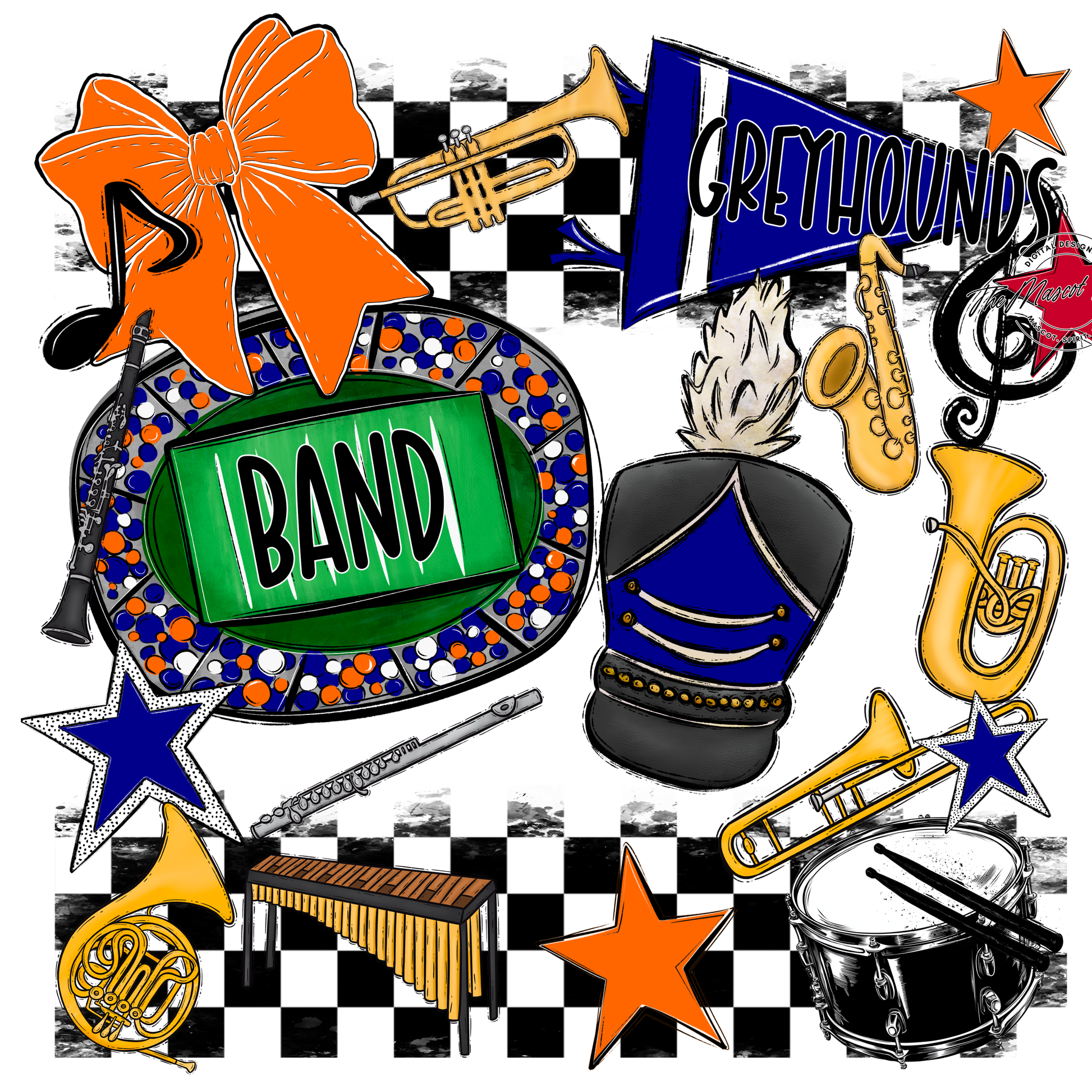 Greyhounds Checkers Band Spirit Design-Blue-Orange