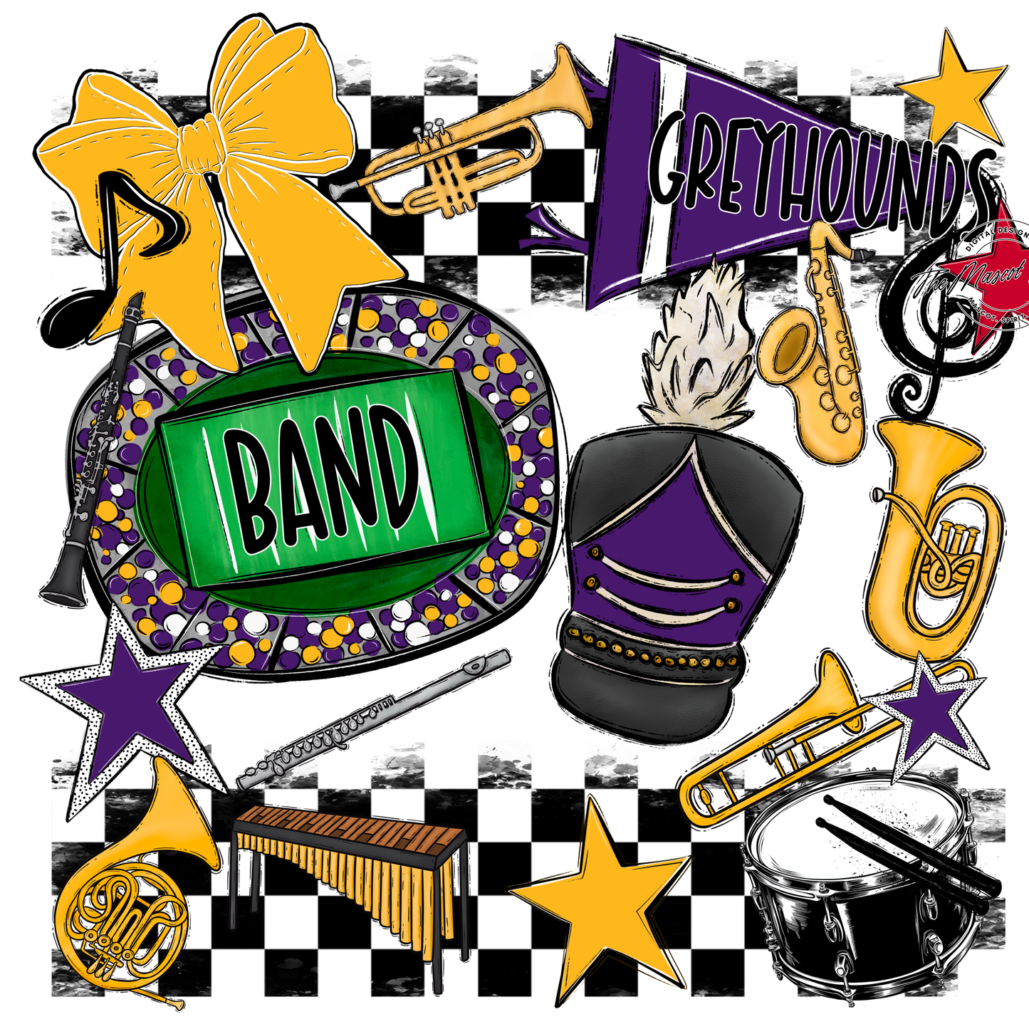 Greyhounds Checkers Band Spirit Design-Purple-Yellow