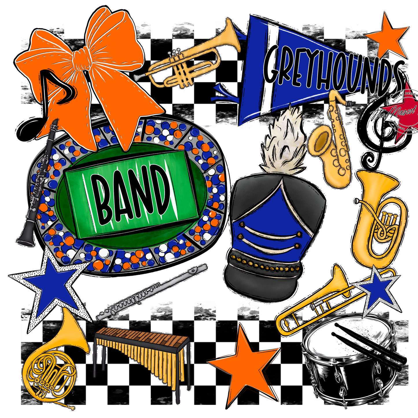 Greyhounds Checkers Band Spirit Design-Royal Blue-Orange