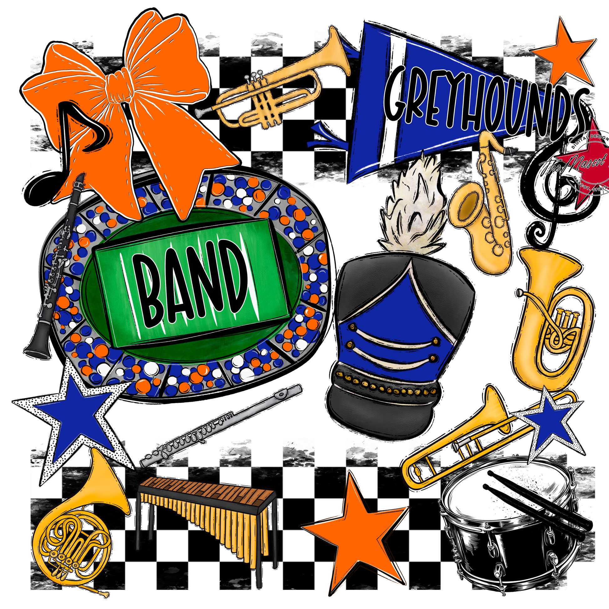 Greyhounds Checkers Band Spirit Design-Royal Blue-Orange