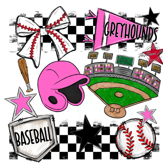Greyhounds Checkers Baseball Spirit Design-Baby Pink