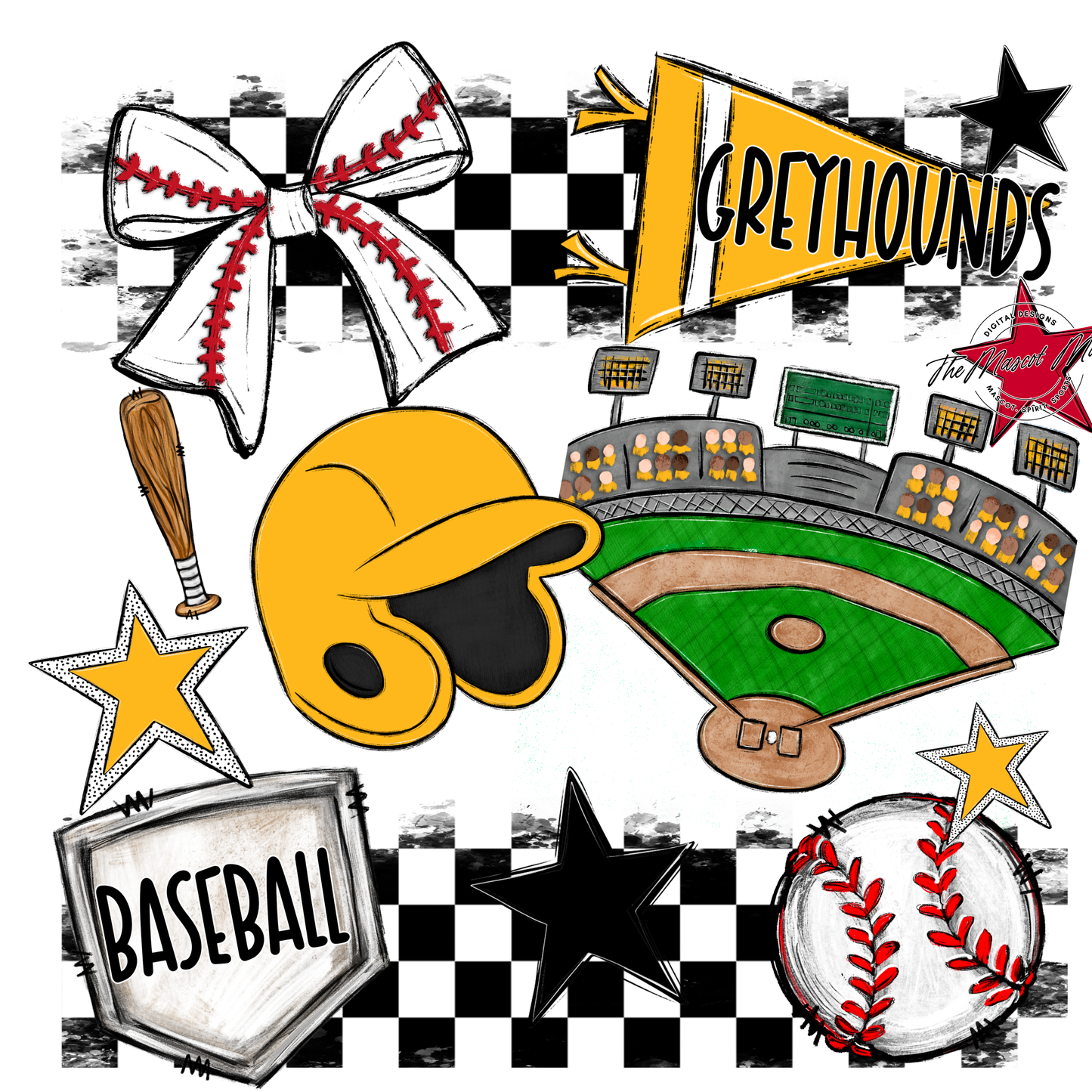 Greyhounds Checkers Baseball Spirit Design-Yellow