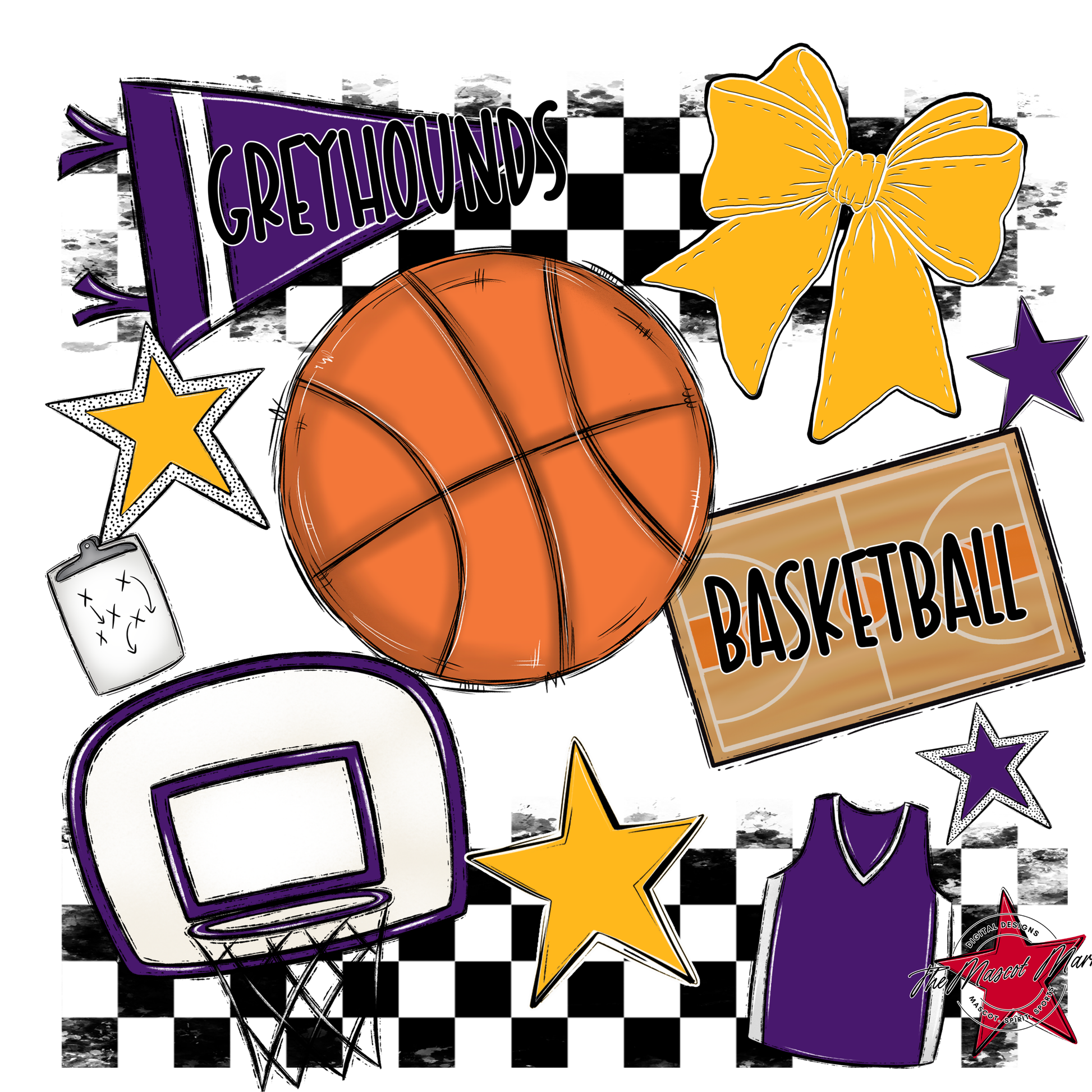 Greyhounds Checkers Basketball Spirit Design-Purple-Yellow