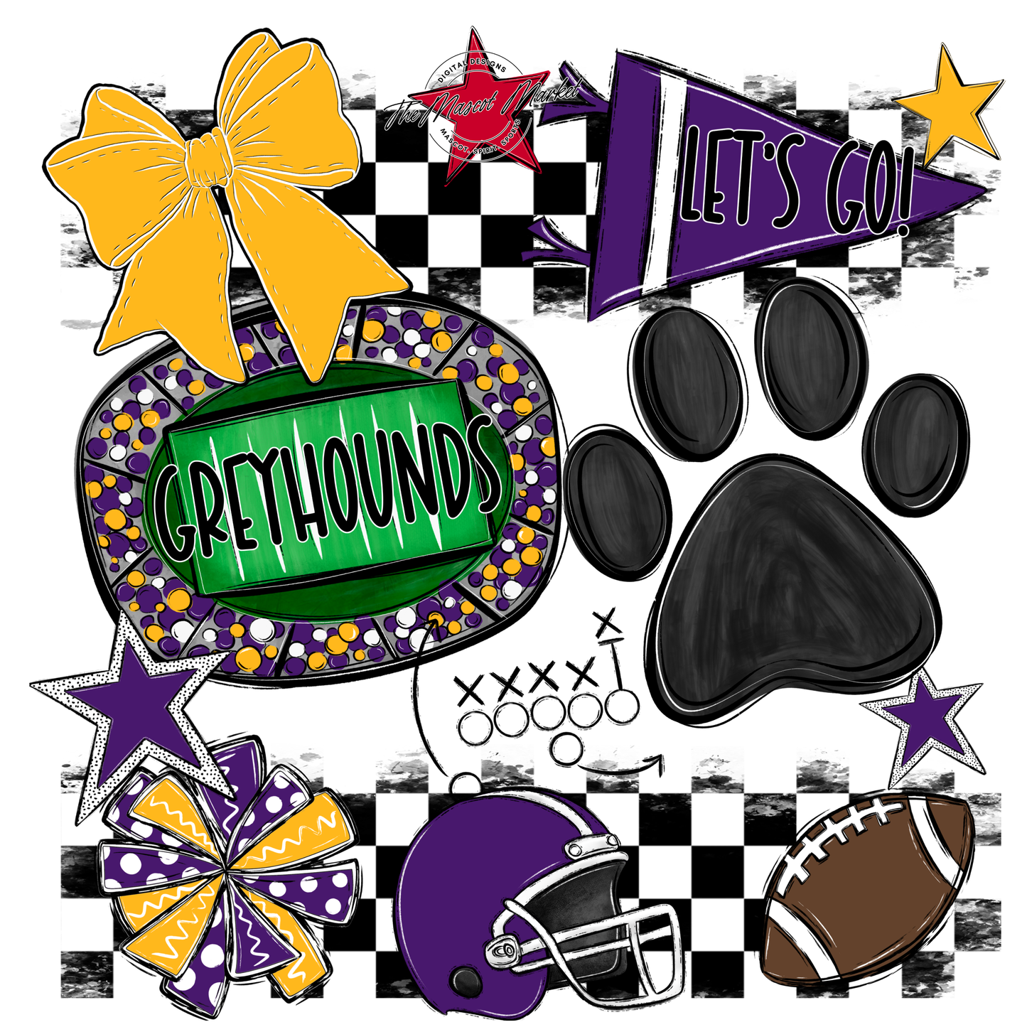 Greyhounds Checkers Mascot Spirit Design-Purple-Yellow