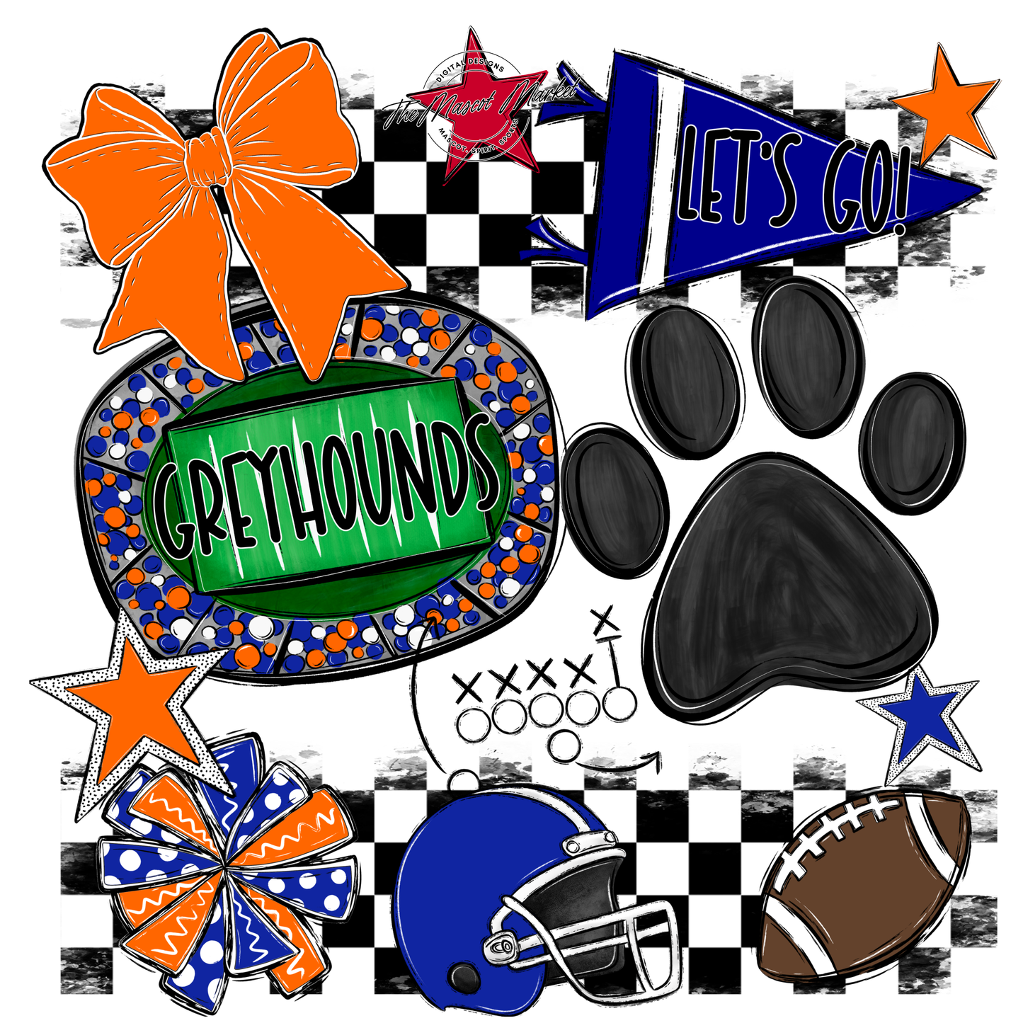 Greyhounds Checkers Mascot Spirit Design-Royal Blue-Orange