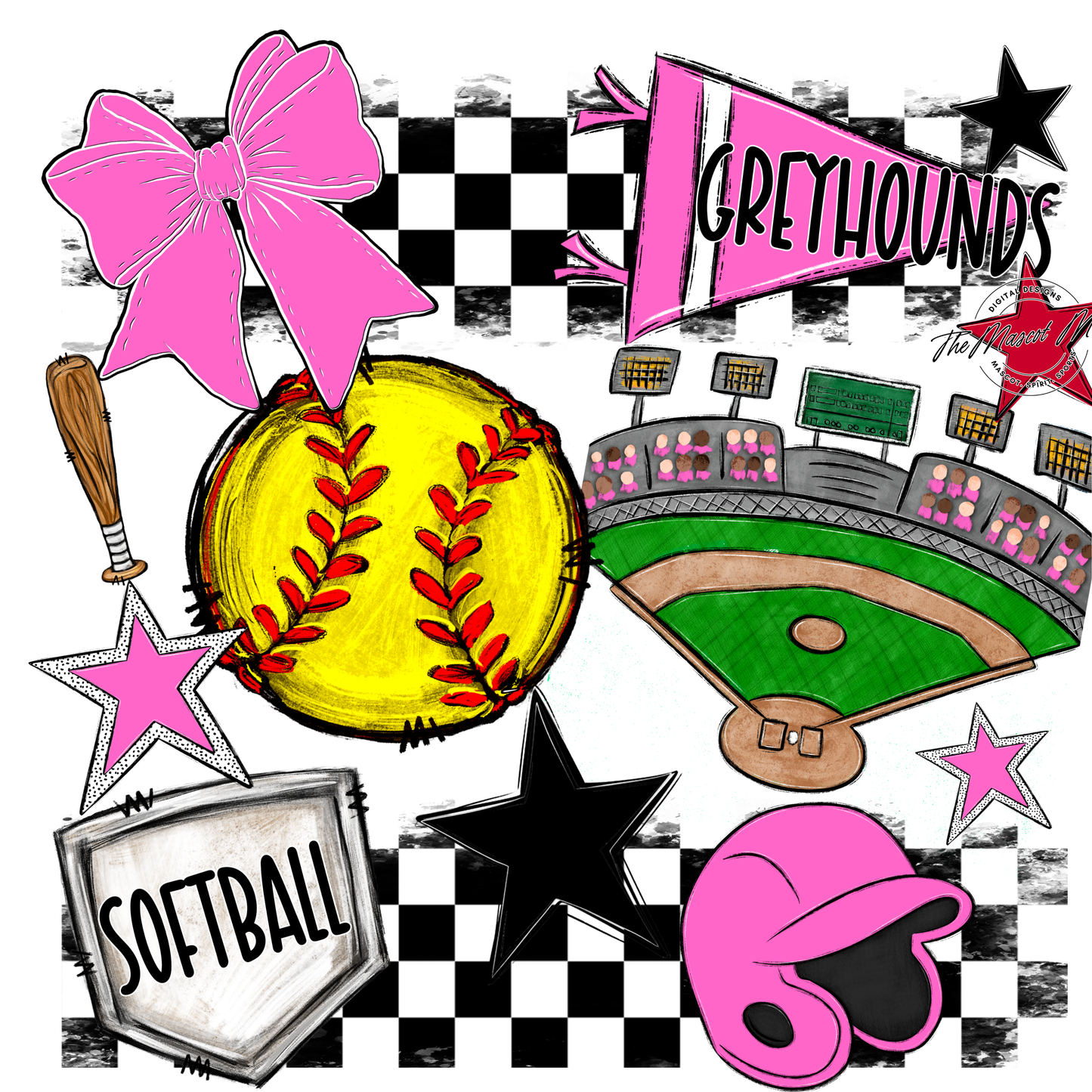 Greyhounds Checkers Softball Spirit Design-Baby Pink