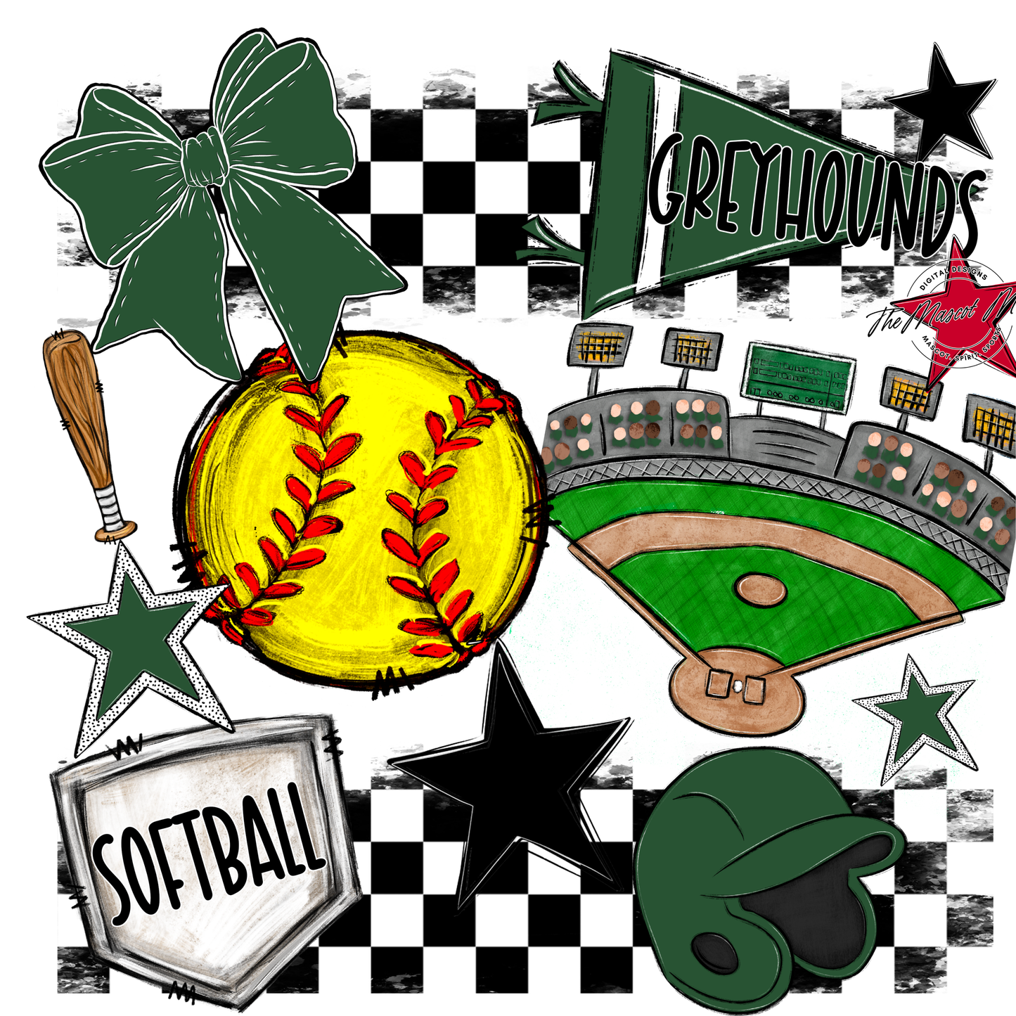 Greyhounds Checkers Softball Spirit Design-Green