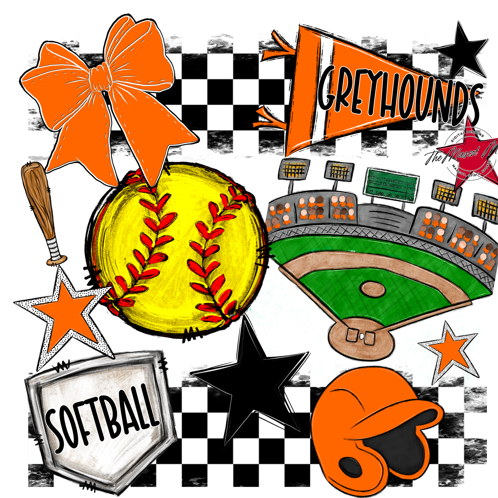 Greyhounds Checkers Softball Spirit Design-Orange