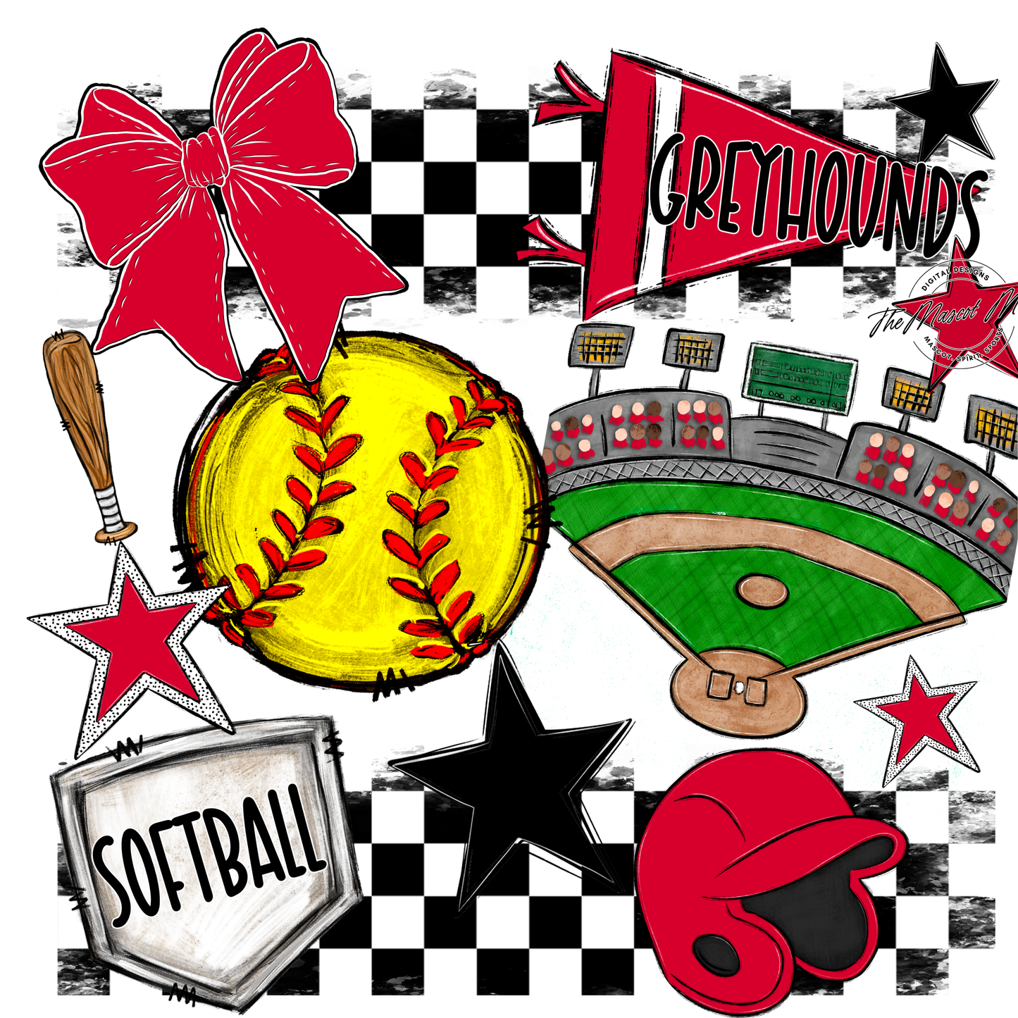 Greyhounds Checkers Softball Spirit Design-Red