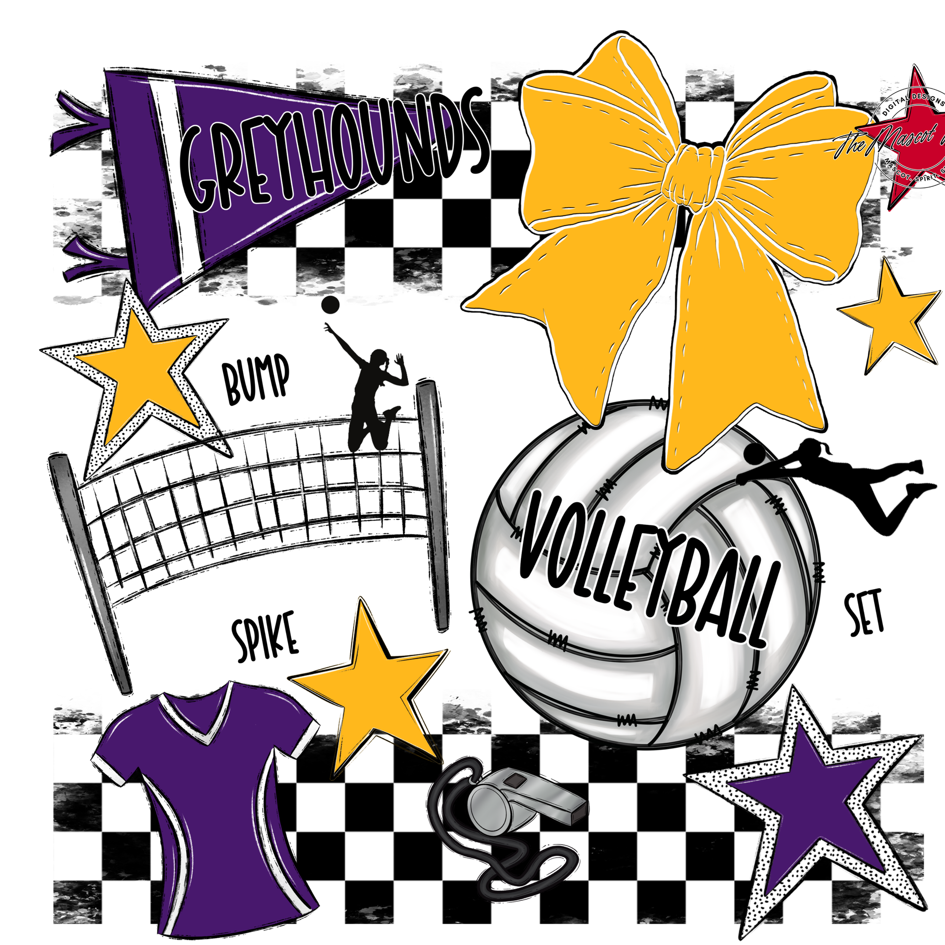 Greyhounds Checkers Volleyball Spirit Design-Purple-Yellow