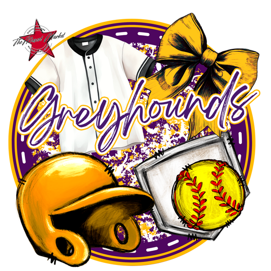 Greyhounds Circle Softball Design-Purple-Yellow