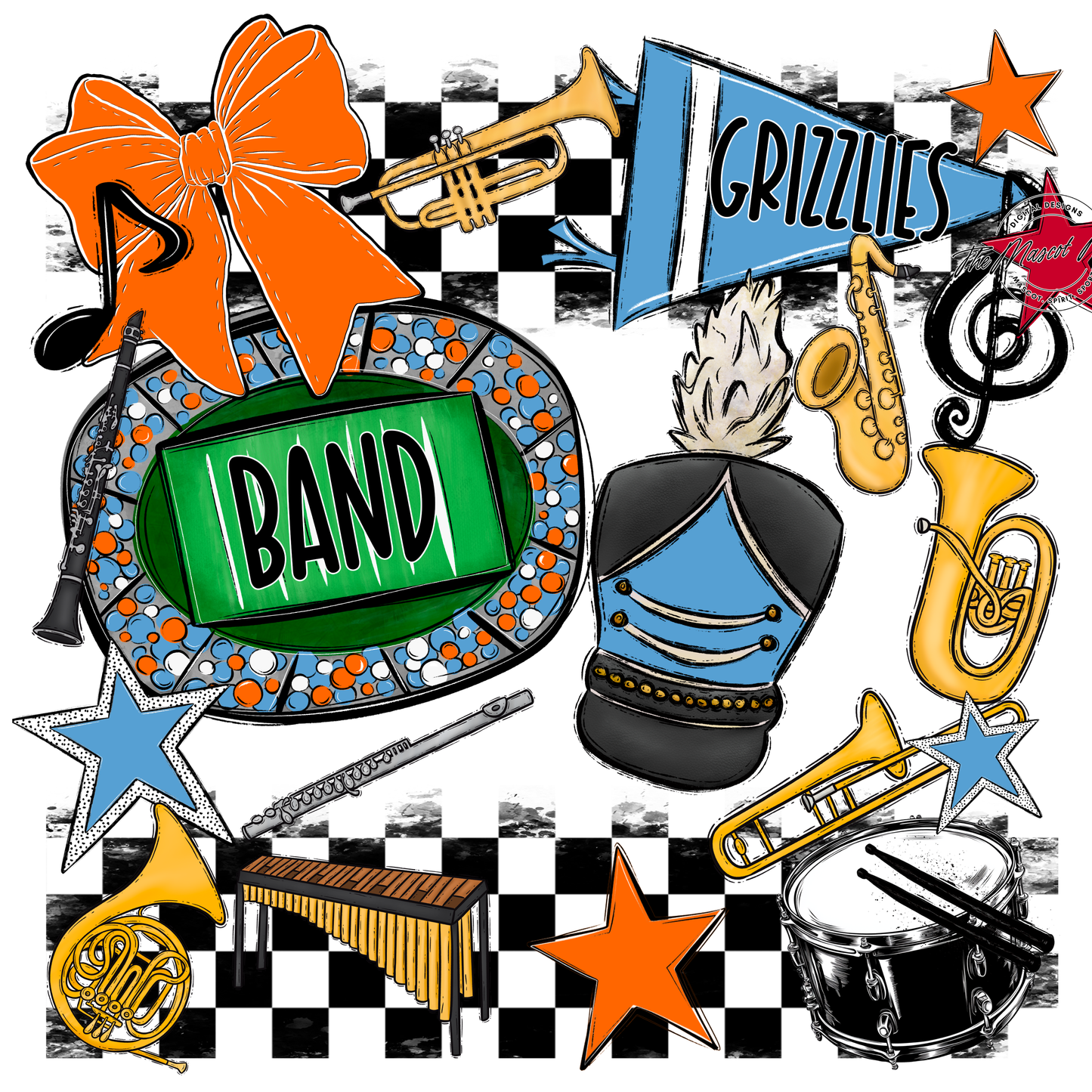 Grizzlies Checkers Band Spirit Design-Carolina Blue-Orange