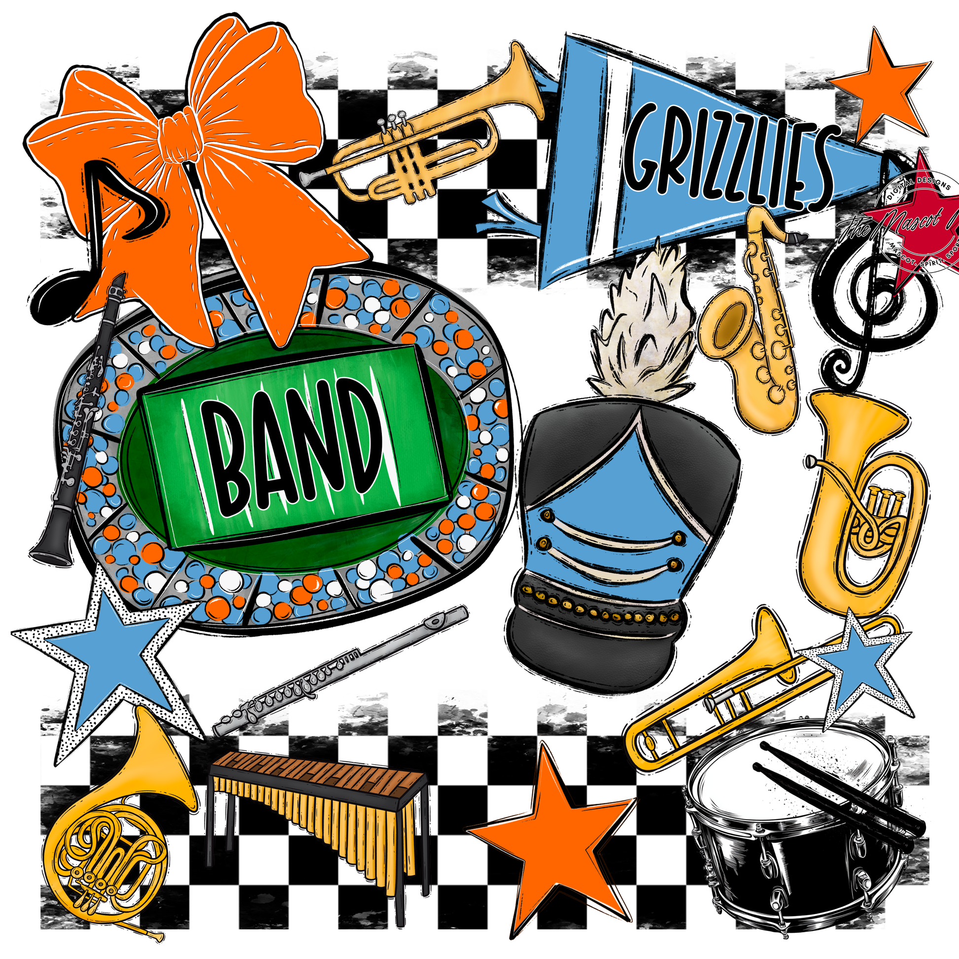 Grizzlies Checkers Band Spirit Design-Carolina Blue-Orange