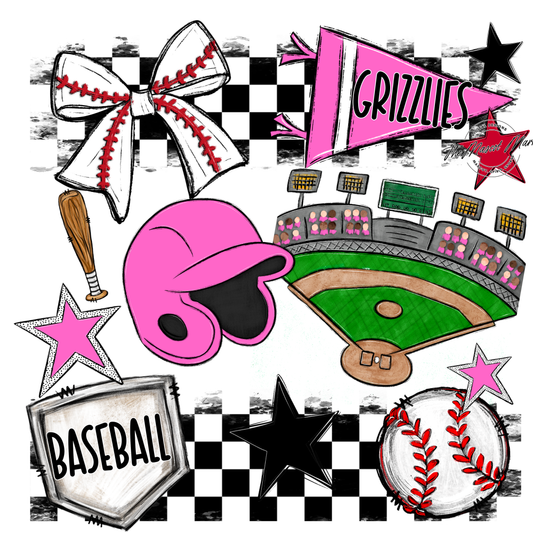 Grizzlies Checkers Baseball Spirit Design-Baby Pink