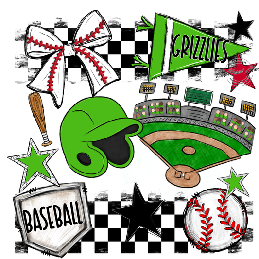 Grizzlies Checkers Baseball Spirit Design-Bright Green