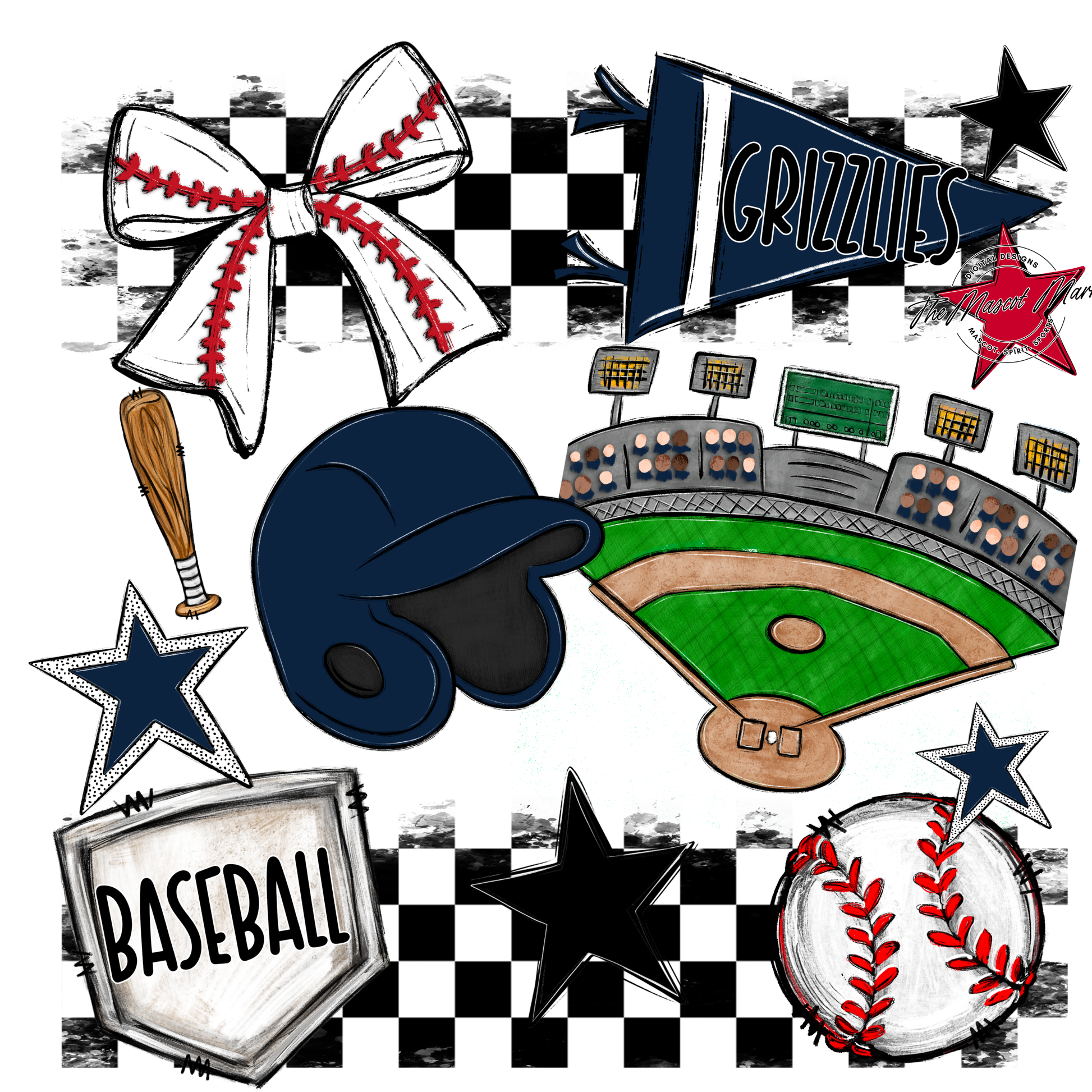 Grizzlies Checkers Baseball Spirit Design-Navy