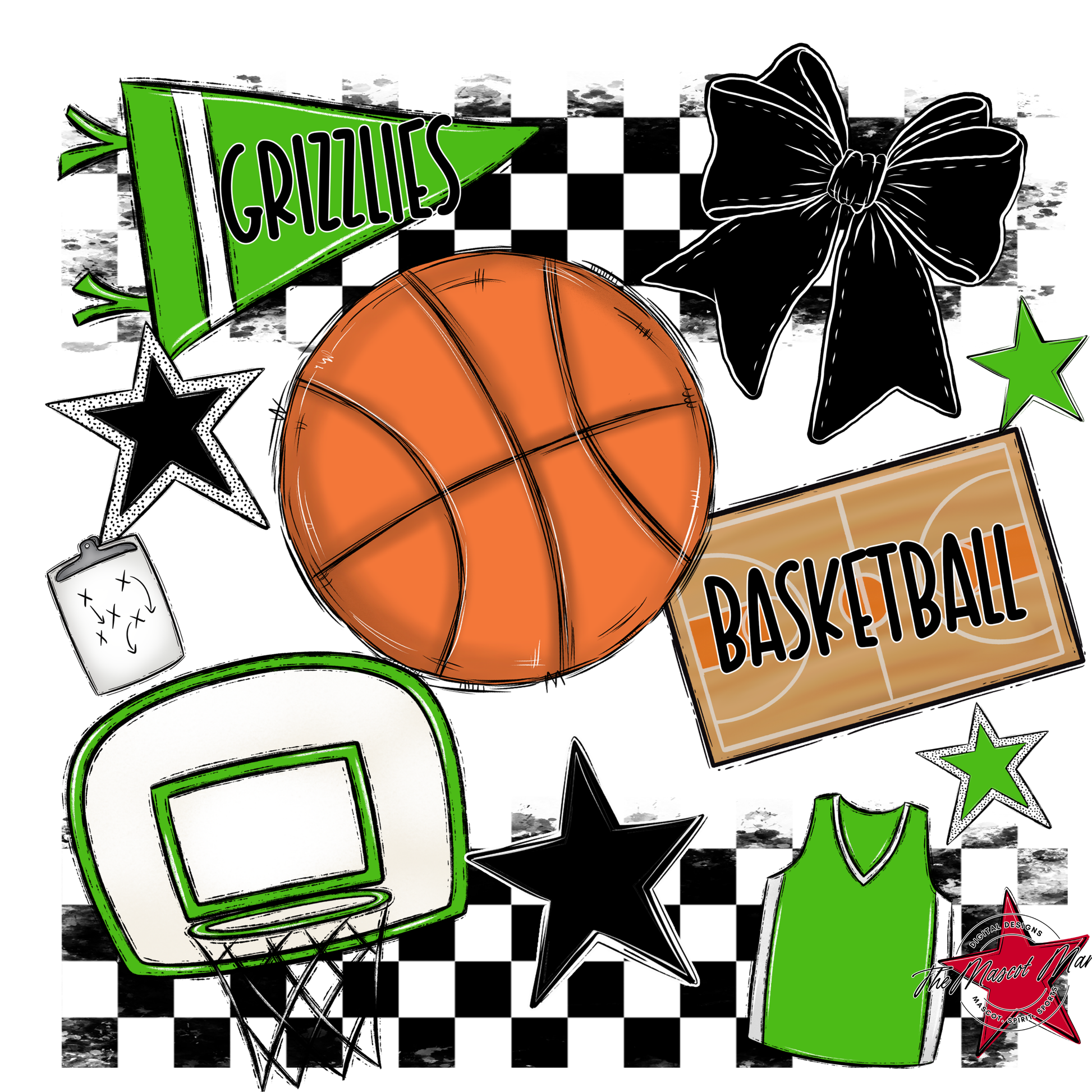 Grizzlies Checkers Basketball Spirit Design-Bright Green
