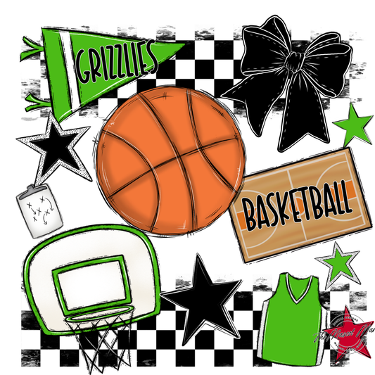 Grizzlies Checkers Basketball Spirit Design-Bright Green