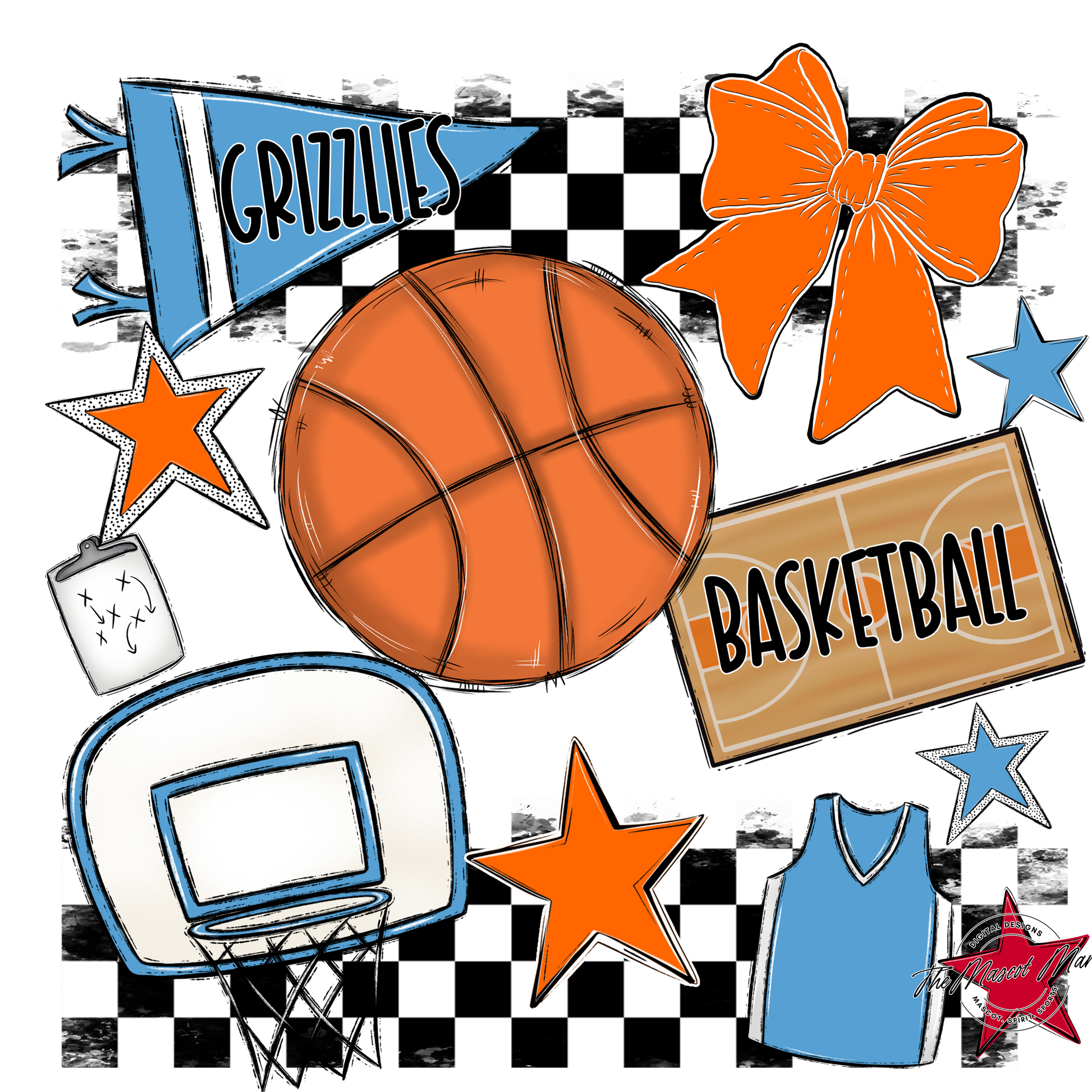 Grizzlies Checkers Basketball Spirit Design-Carolina Blue-Orange