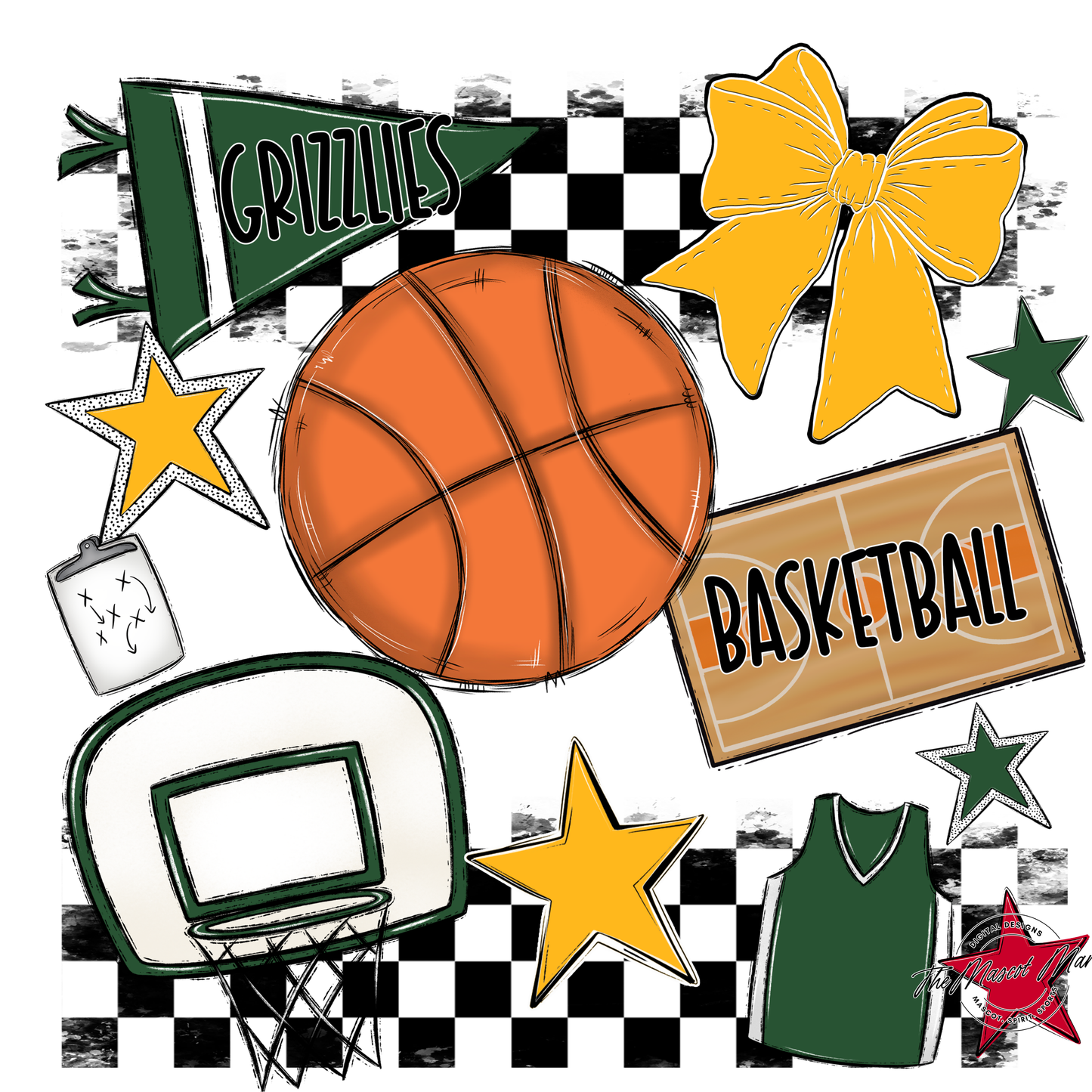 Grizzlies Checkers Basketball Spirit Design-Green-Yellow