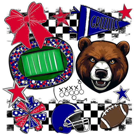 Grizzlies Checkers Mascot Spirit Design-Blue-Red
