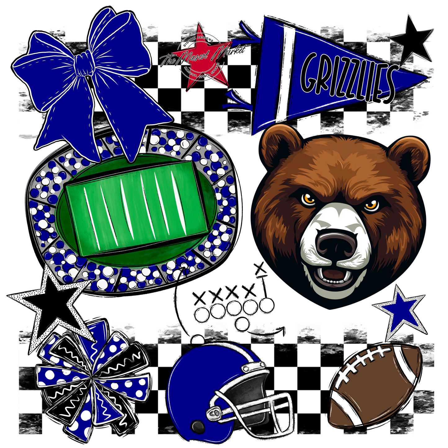 Grizzlies Checkers Mascot Spirit Design-Blue