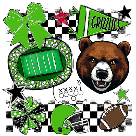 Grizzlies Checkers Mascot Spirit Design-Bright Green