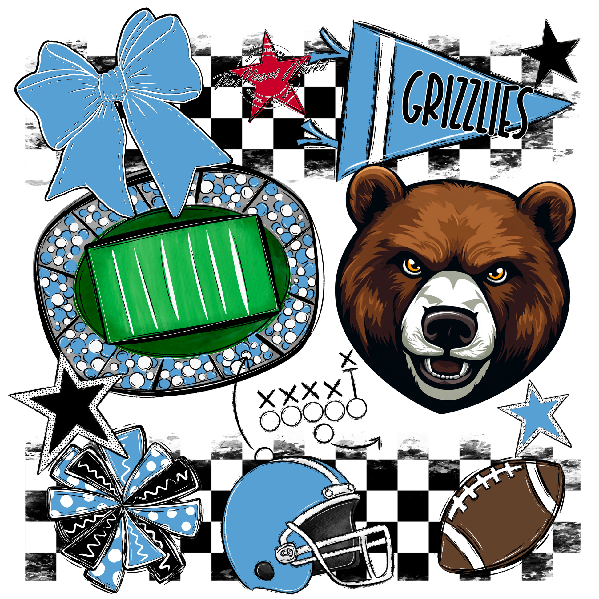 Grizzlies Checkers Mascot Spirit Design-Carolina Blue
