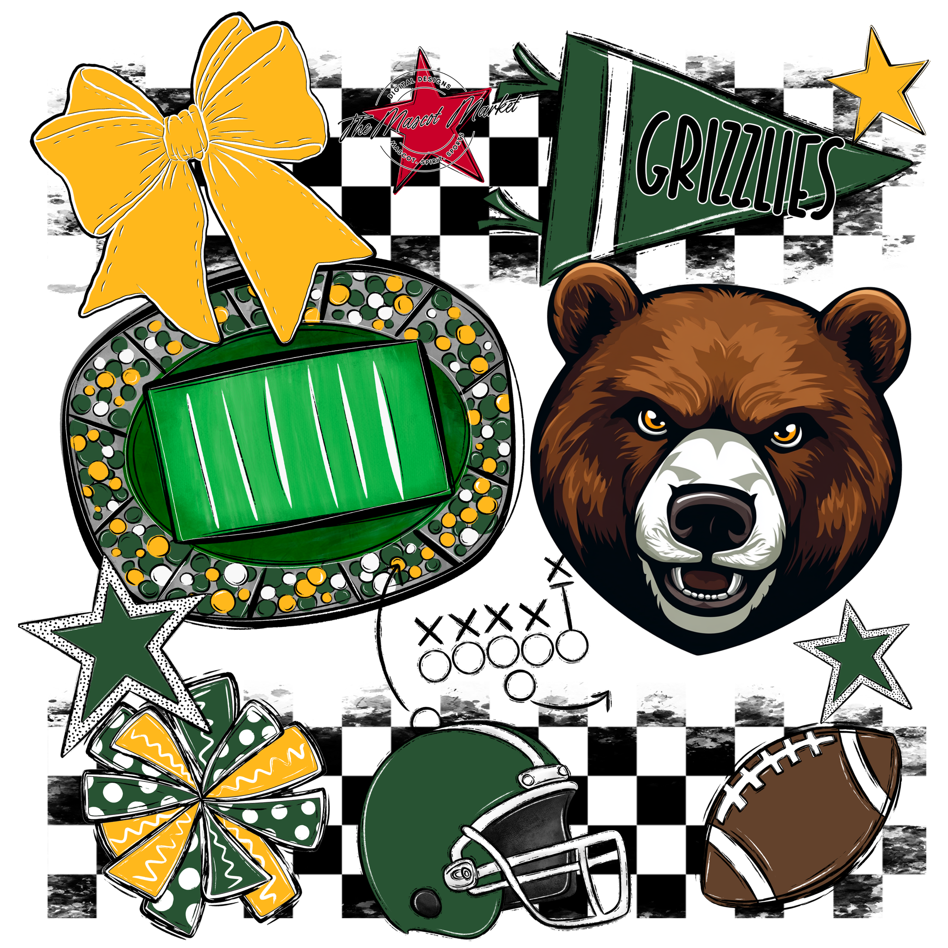 Grizzlies Checkers Mascot Spirit Design-Green-Yellow