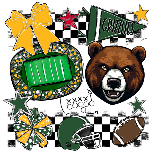 Grizzlies Checkers Mascot Spirit Design-Green-Yellow