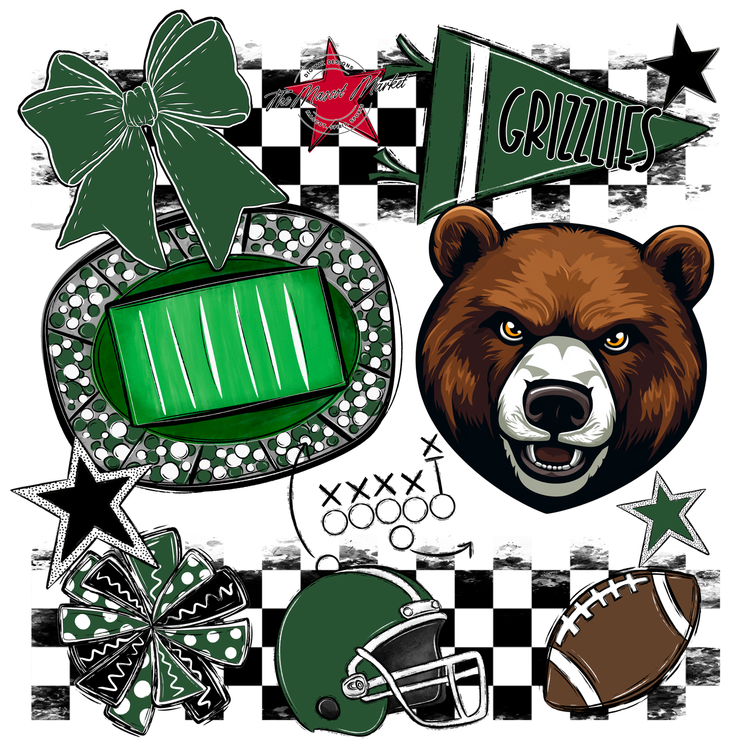 Grizzlies Checkers Mascot Spirit Design-Green